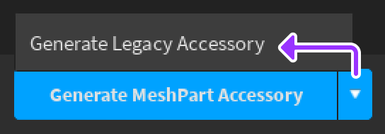 A dropdown appears above the GenerateMeshPartAccessory when expanded, displaying a Generate Legacy Accessory option.