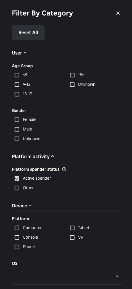 Opções de filtro destacando o status de gastador da plataforma.