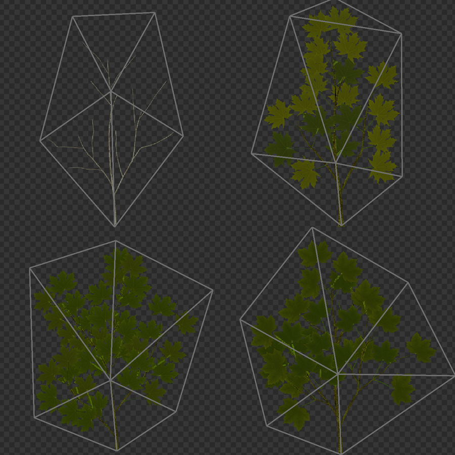 Various color maps used to apply textures to the tree bark, and inner, middle, and outer leaves