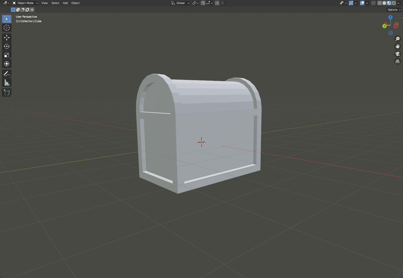 A screenshot of blender showing the final 3d shape of a treasure chest in the viewport