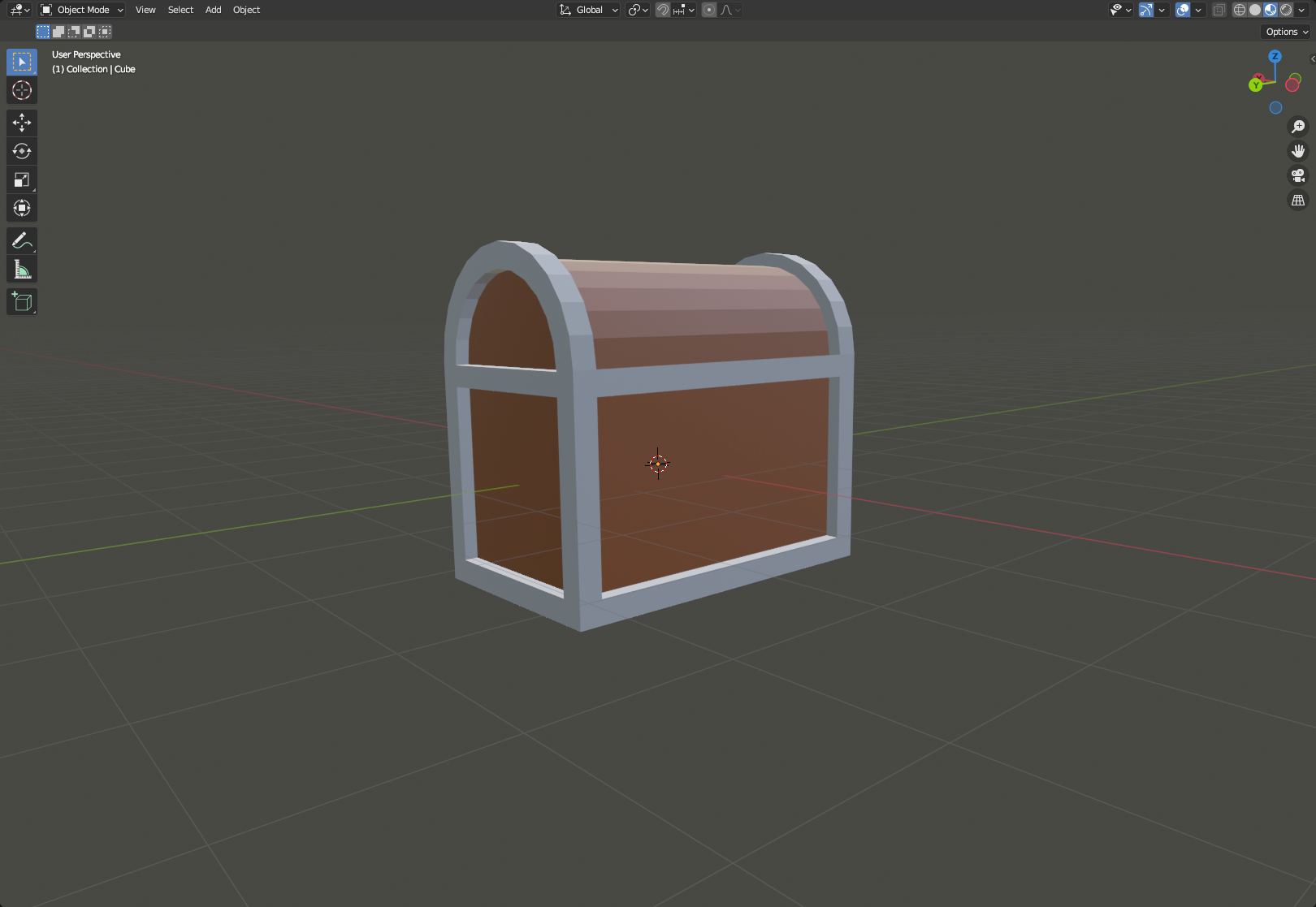 A screenshot of blender showing the final 3d shape and color of a treasure chest in the viewport