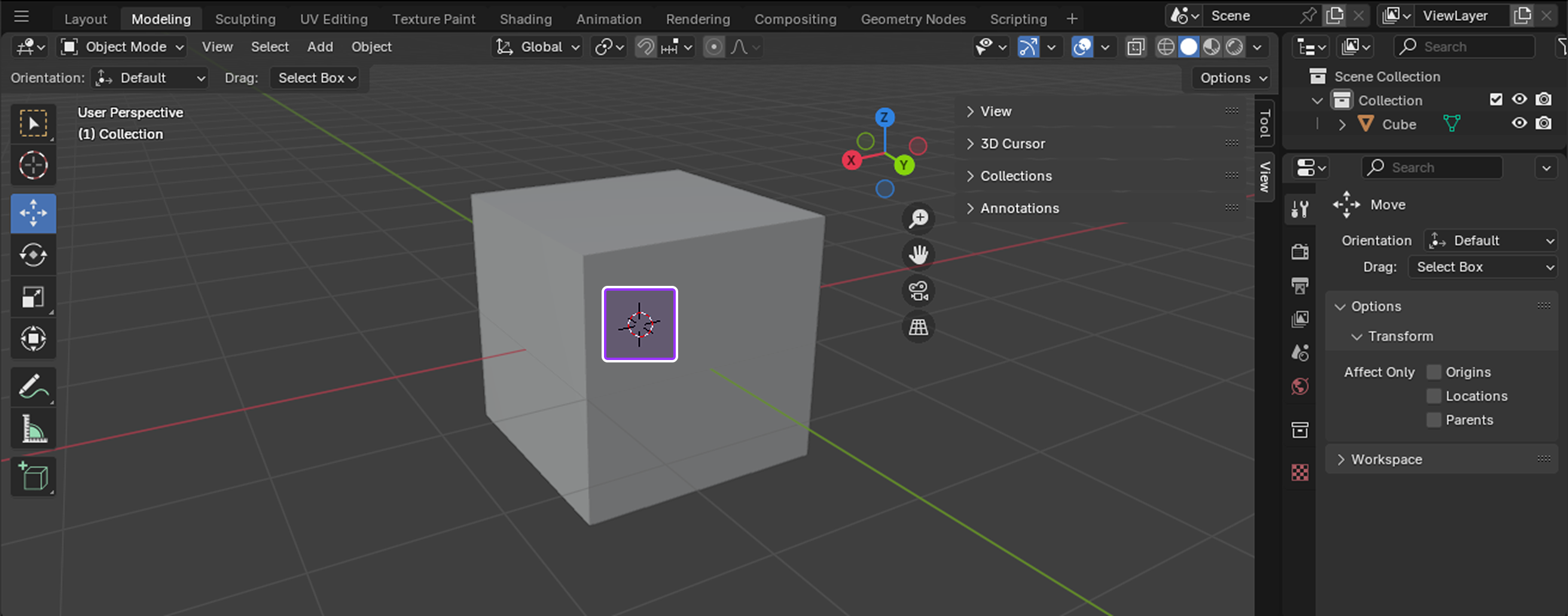 Blender's UI with the 3D Cursor highlighted.