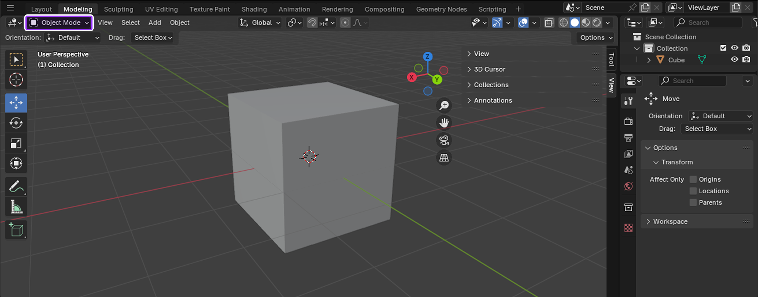 Blender's UI with the Modes selector highlighted.