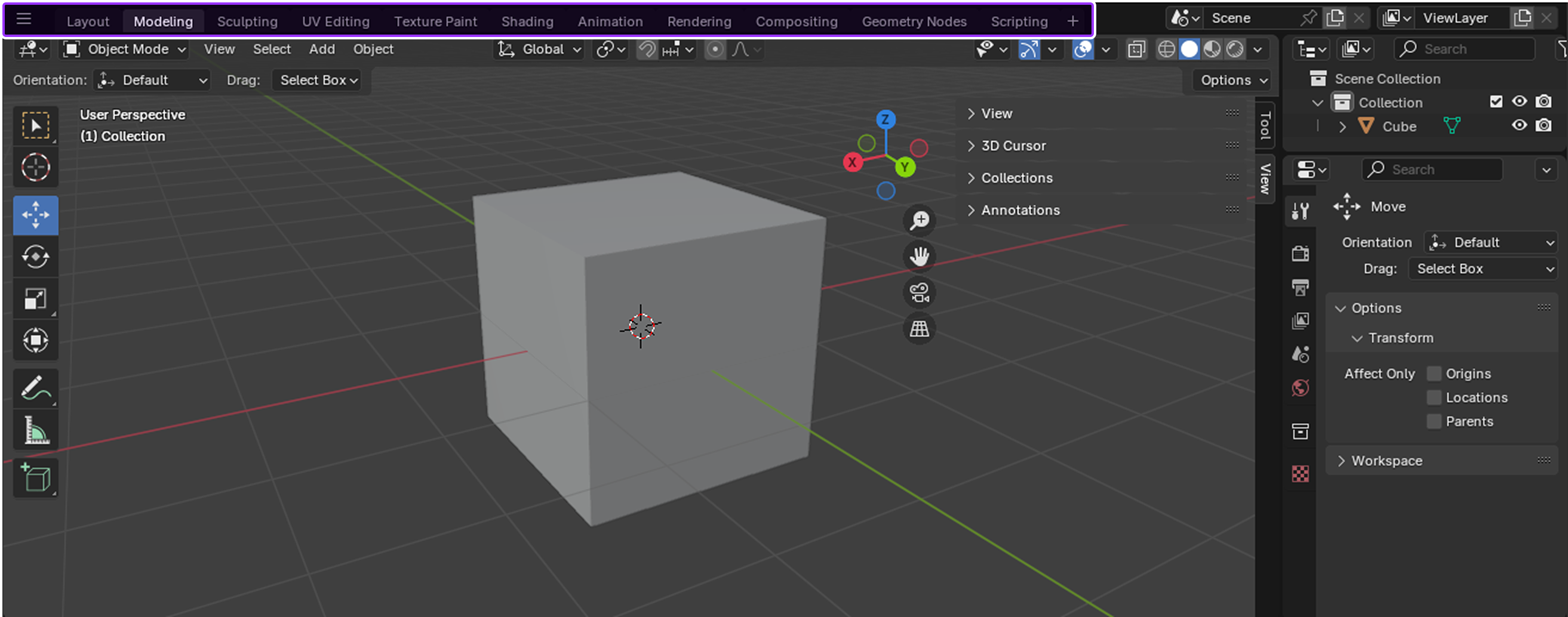 Blender's UI with workspaces highlighted.