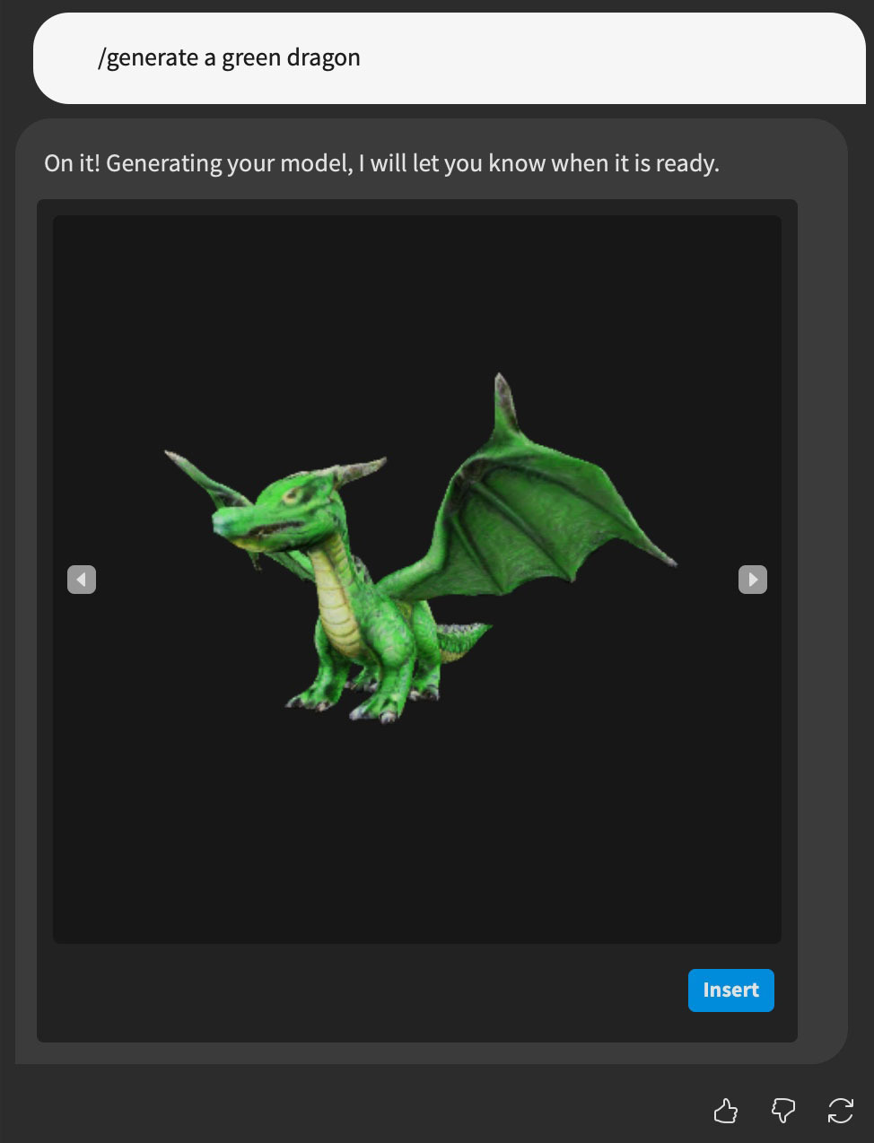 A generated green dragon provided by Assistant in Studio.