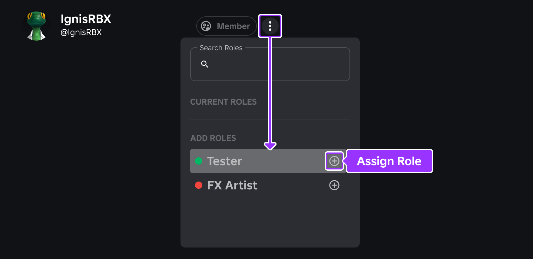 Roles management popup window showing how to assign a role to a group member on the Creator Dashboard.