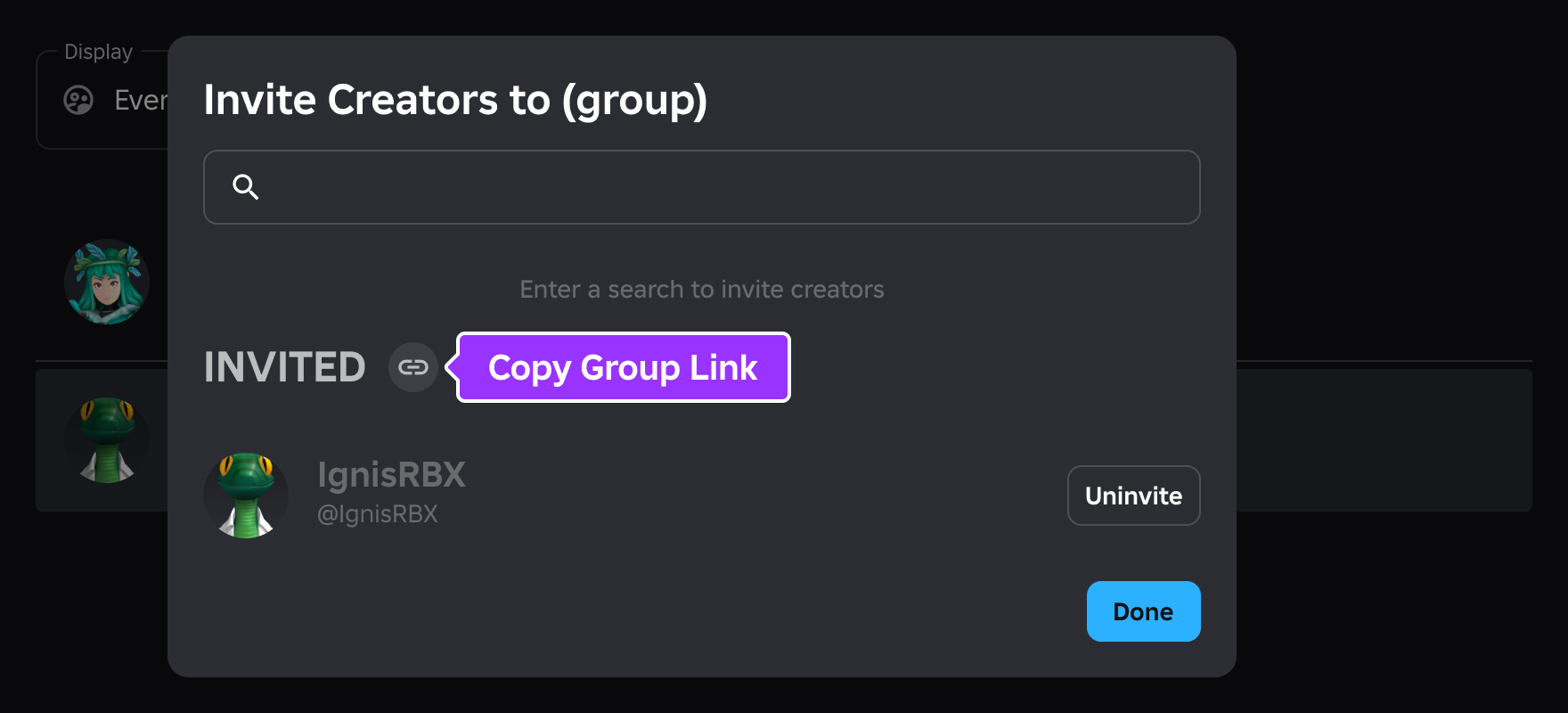 Invite popup window indicated in the group's Members section on the Creator Dashboard.