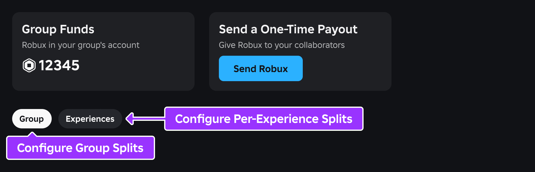 Split payout buttons indicated in the Payouts section on the Creator Dashboard.