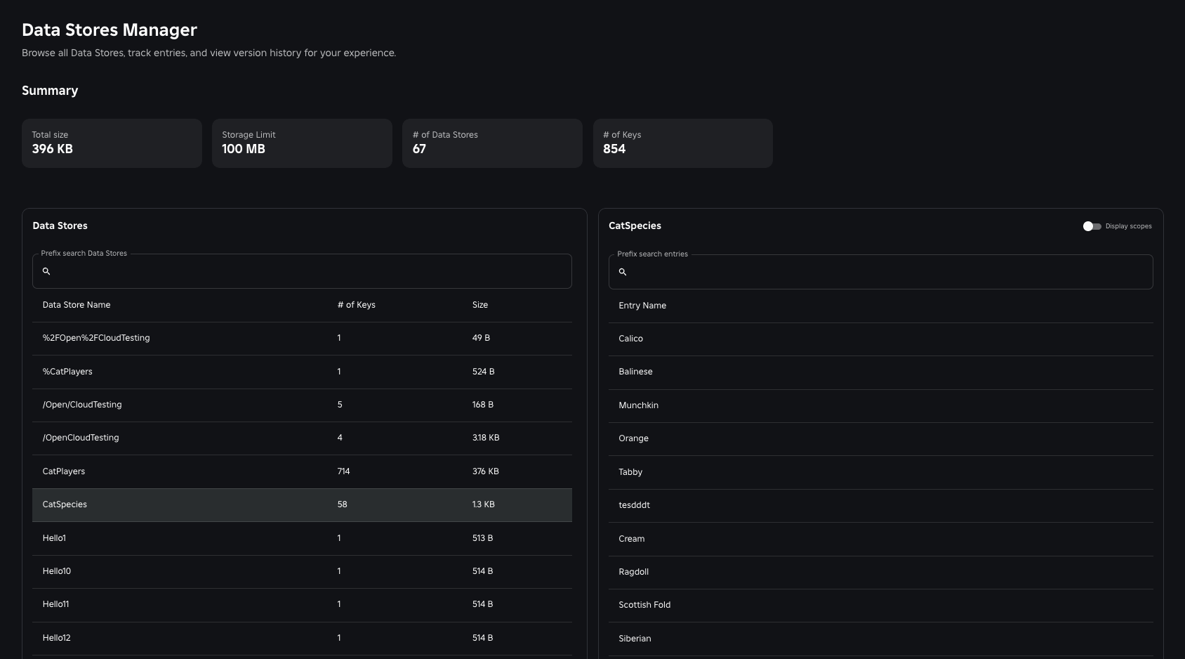 Overview of Data Stores Manager page displaying the Summary section, the Data Stores list, and the Keys list.