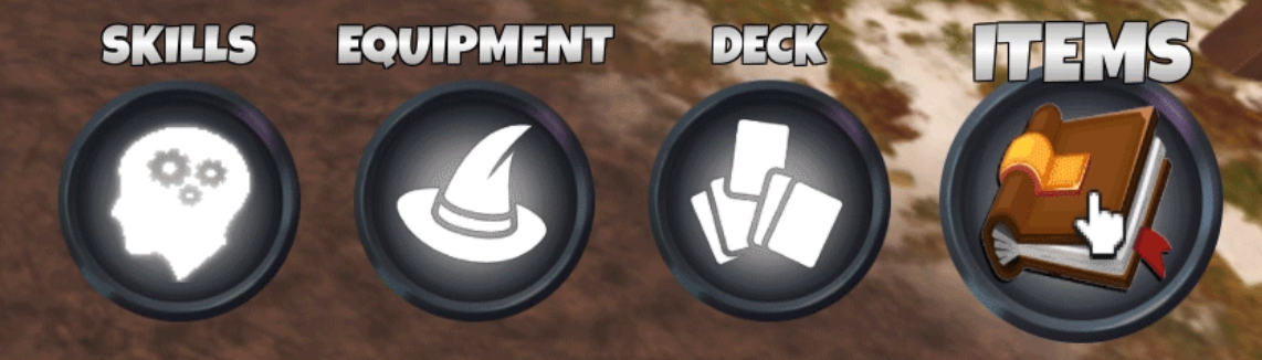 A close up view of a selected circular Items button with a brown book icon, along with three additional buttons for skills, equipment, and the players deck. The additional buttons only display when the button is selected.