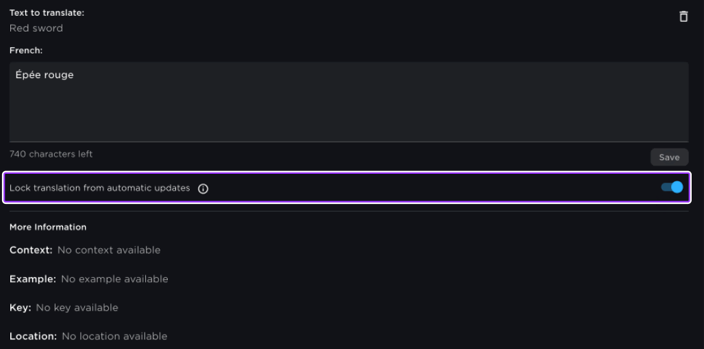 A 'Lock translation from automatic updates' toggle is accessible below the translation entry field in each translation entry.