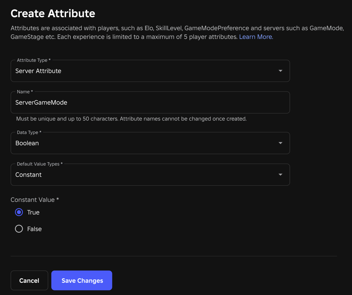 The attribute characteristics for the creation of a server attribute.