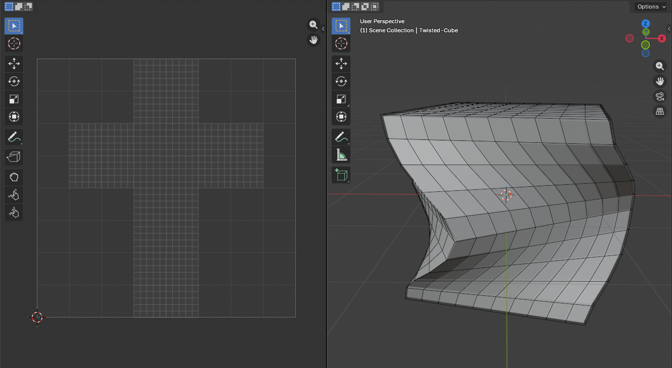 A twisted-cube target mesh in the Blender viewport beside its UV layout, which is identical to the cube target's UV layout.