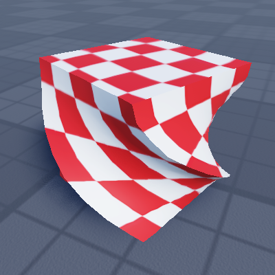The checker cube reshaped into the twisted target shape in Studio: the composed result.