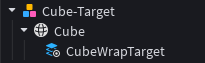 The Studio Explorer showing a Cube-Target model with a Cube MeshPart and a child WrapTarget object.