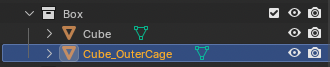 The Blender Outliner showing a Cube render mesh with a Cube_OuterCage cage object beneath it.