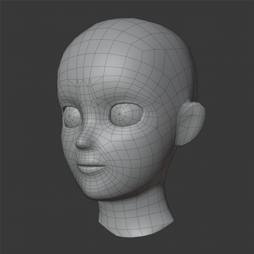 A dense avatar character head render mesh in the Blender viewport.