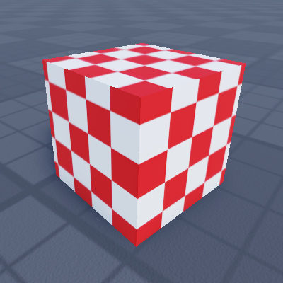 A red-and-white checker cube in Studio: the layered mesh in its authored shape, before deformation.