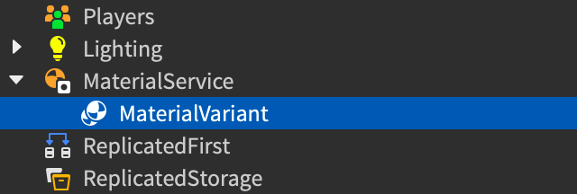 Explorer window showing two MaterialVariant instances within MaterialService