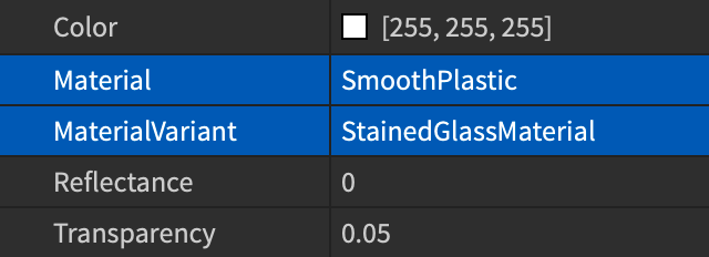 Material and MaterialVariant properties set in the Properties window