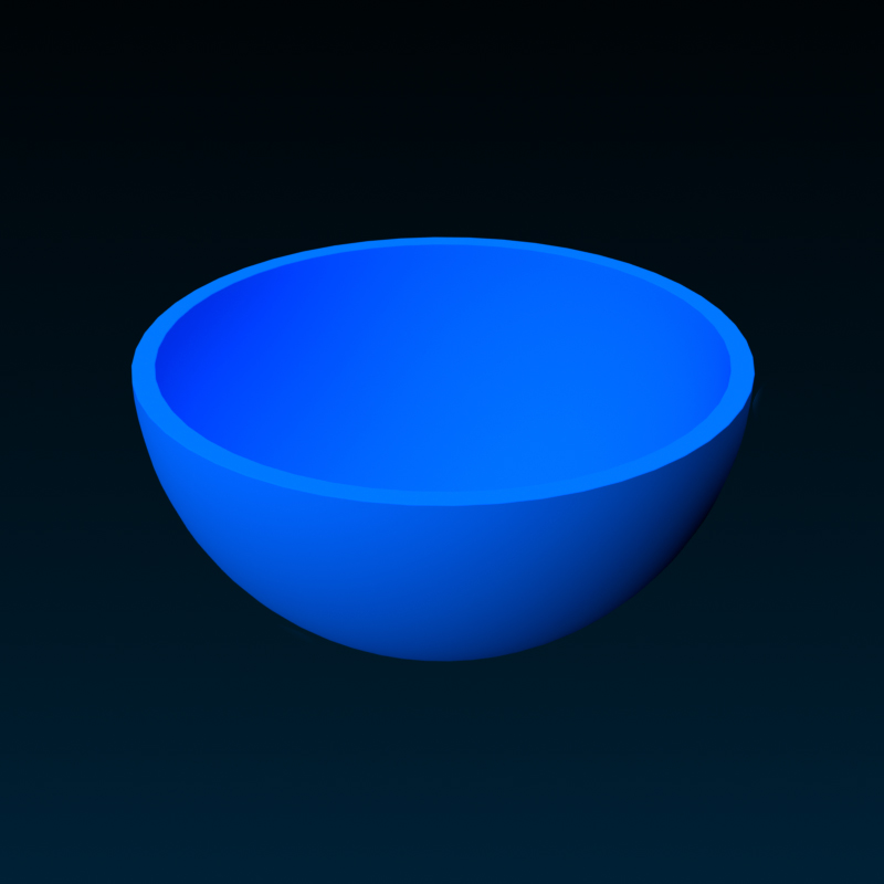 A bright blue hollow bowl that was made with solid modeling operations.