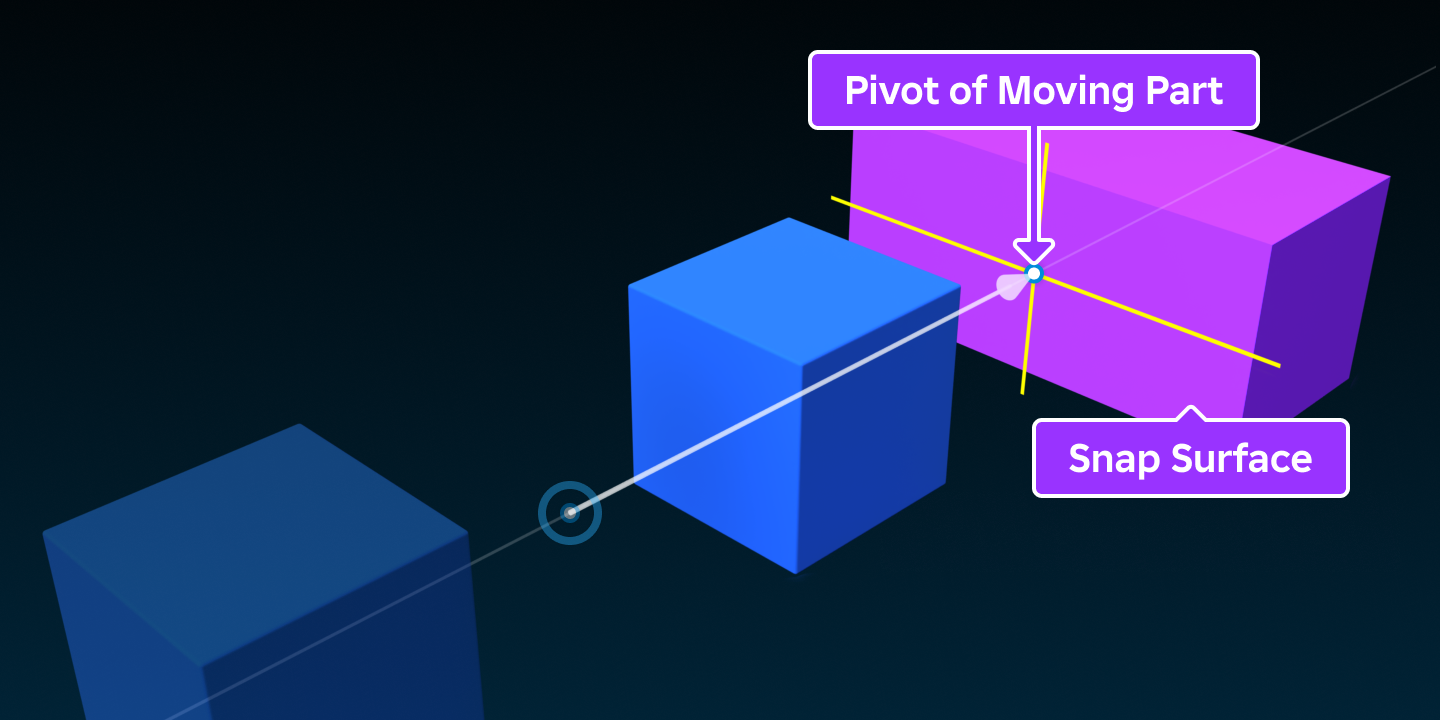 A block part with an offset pivot soft-snapping to the surface of a nearby part.