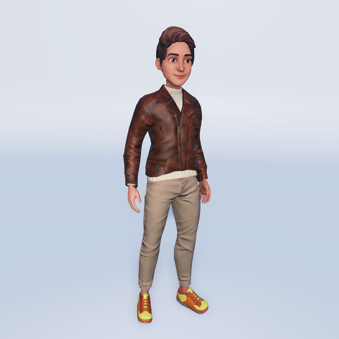 A humanoid avatar with a short haircut, leather jacket, capri pants, and orange shoes.