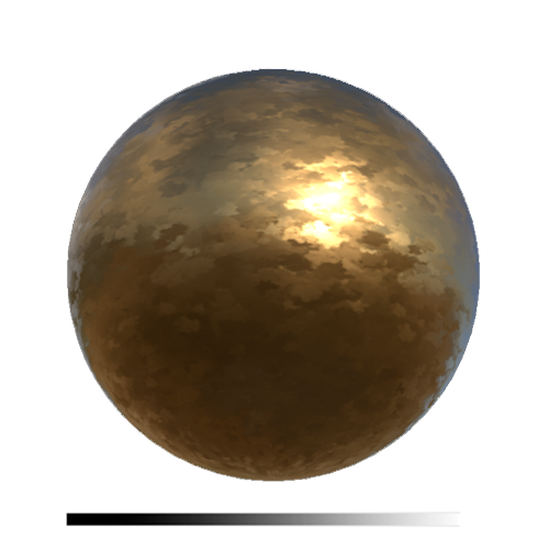 A brown sphere with moderate splotches and lots of reflectiveness. A legend indicates the metalness map is completely white.