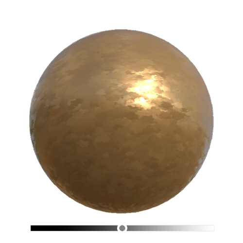 A brown sphere with light splotches and some reflectiveness. A legend indicates the metalness map is exactly grey.