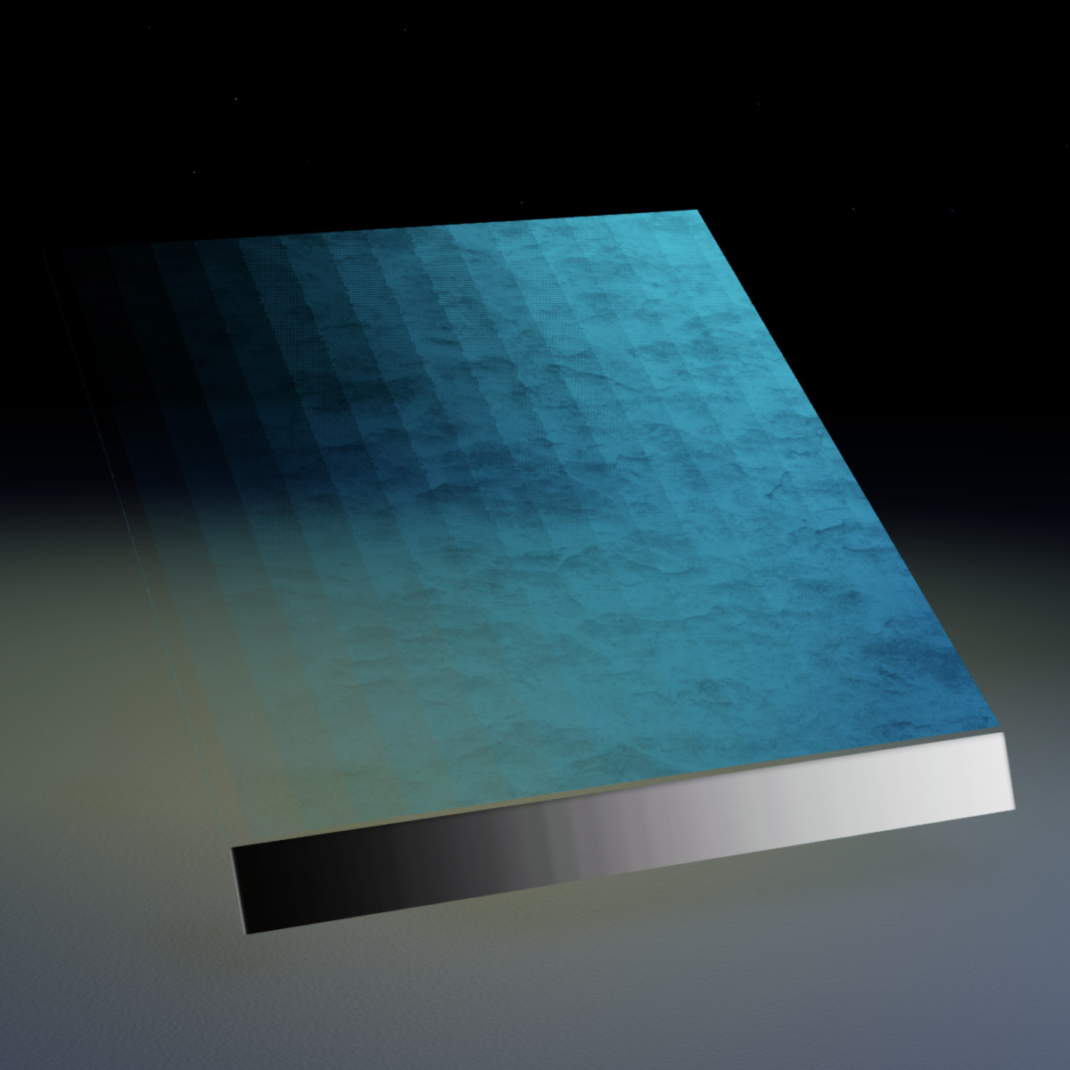 A floating square plane with a cyan slate texture, that gradually changes from fully transparent on the left to fully opaque on the right. A thin horizontal bar below the floating plane has a gradient with black on the left and white on the right.