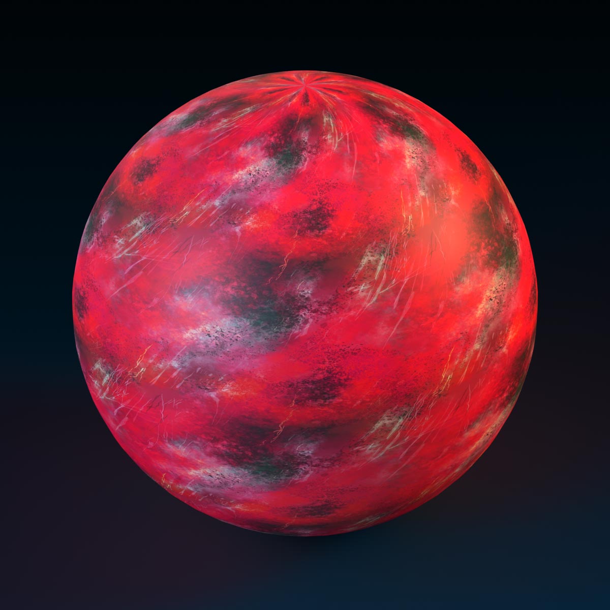 A red sphere with black splotches and white scratches with a dark background.