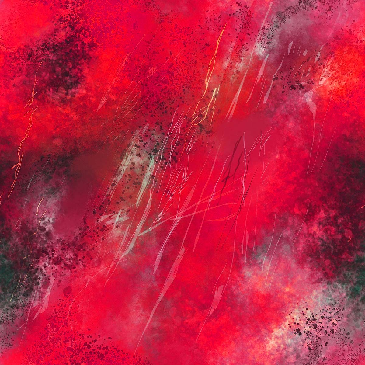 A completely filled image, mostly red with various black splotches and white scratches.