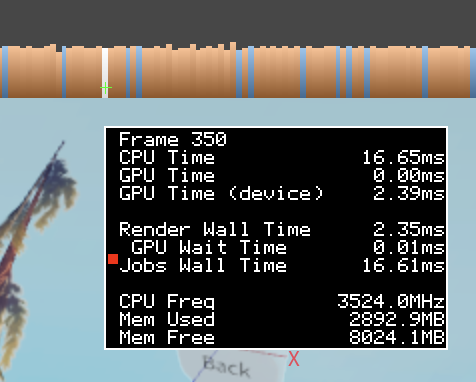 The Microprofiler frame graph, showing blue frames and detailed frame information.