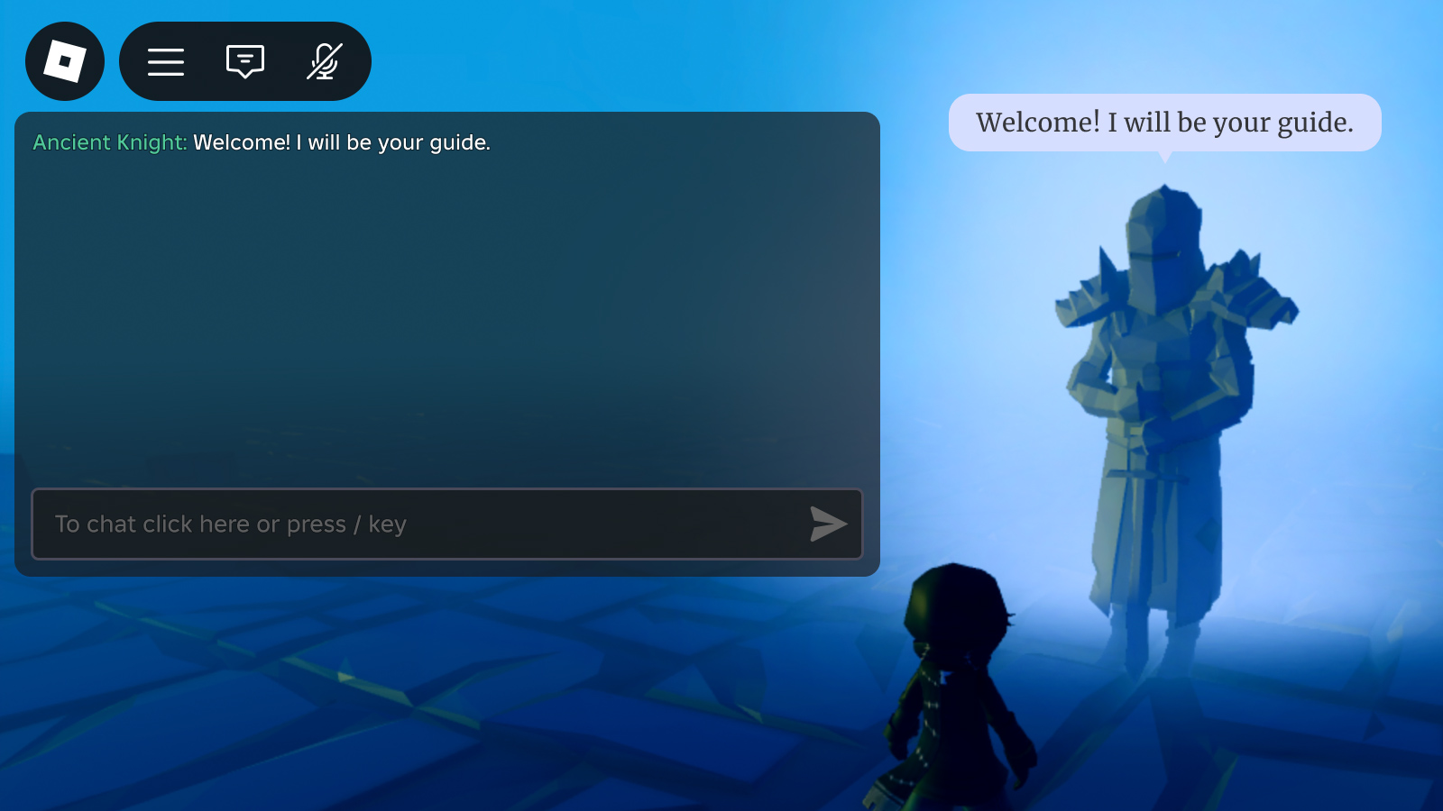 Image showing a knight statue NPC broadcasting a chat message to the chat window, along with a chat bubble above its head.