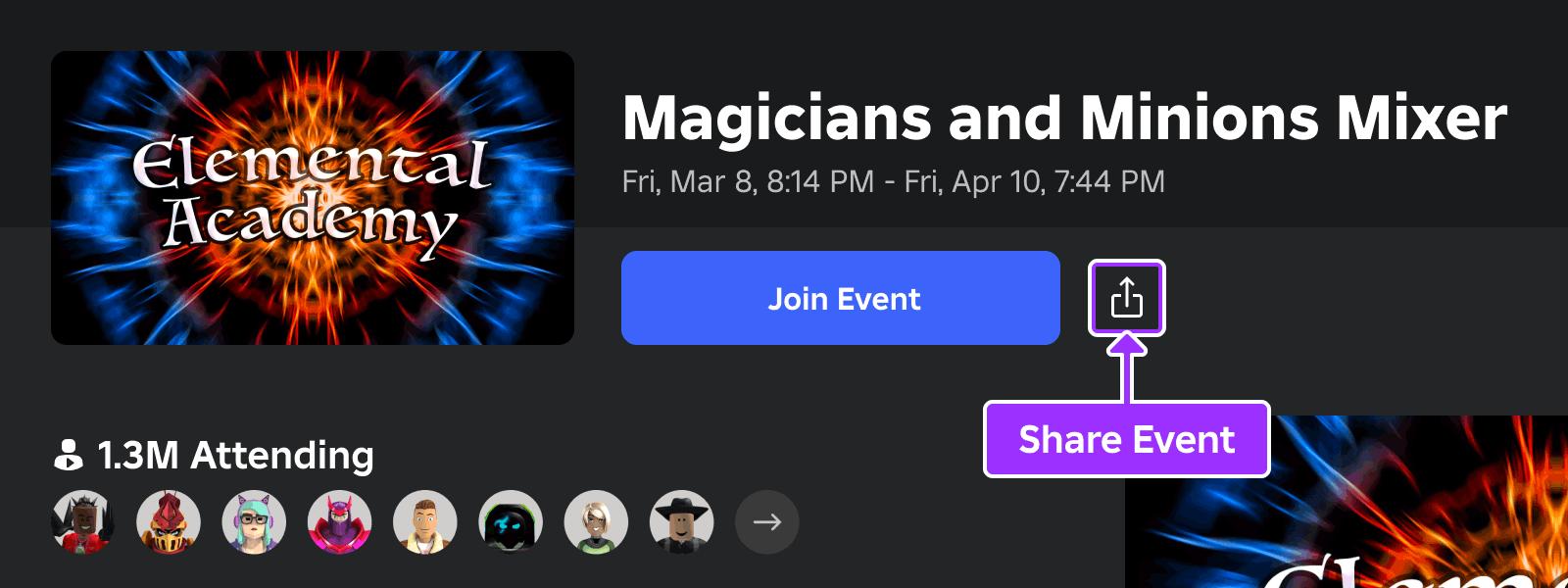 Share button indicated on event details page