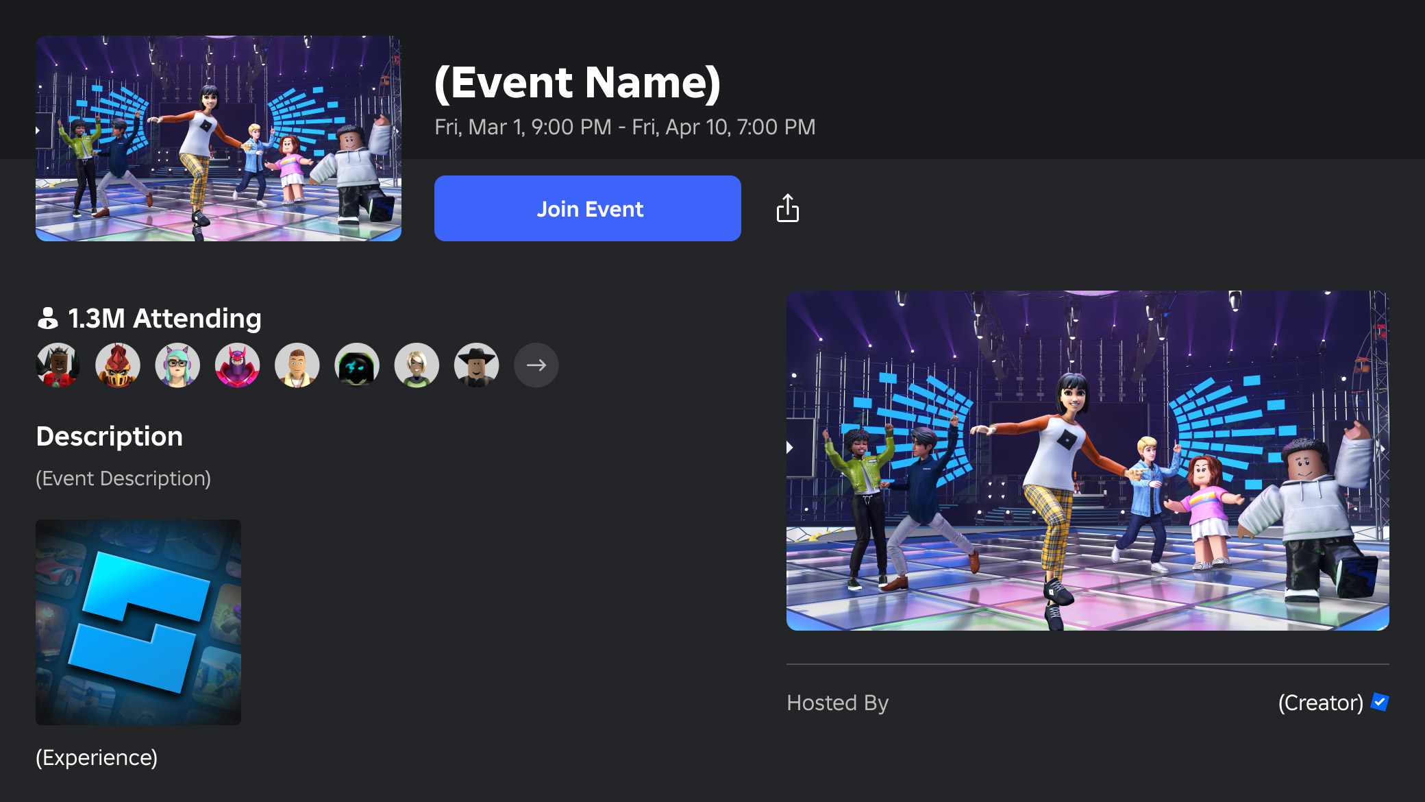 Example event page on the Roblox website