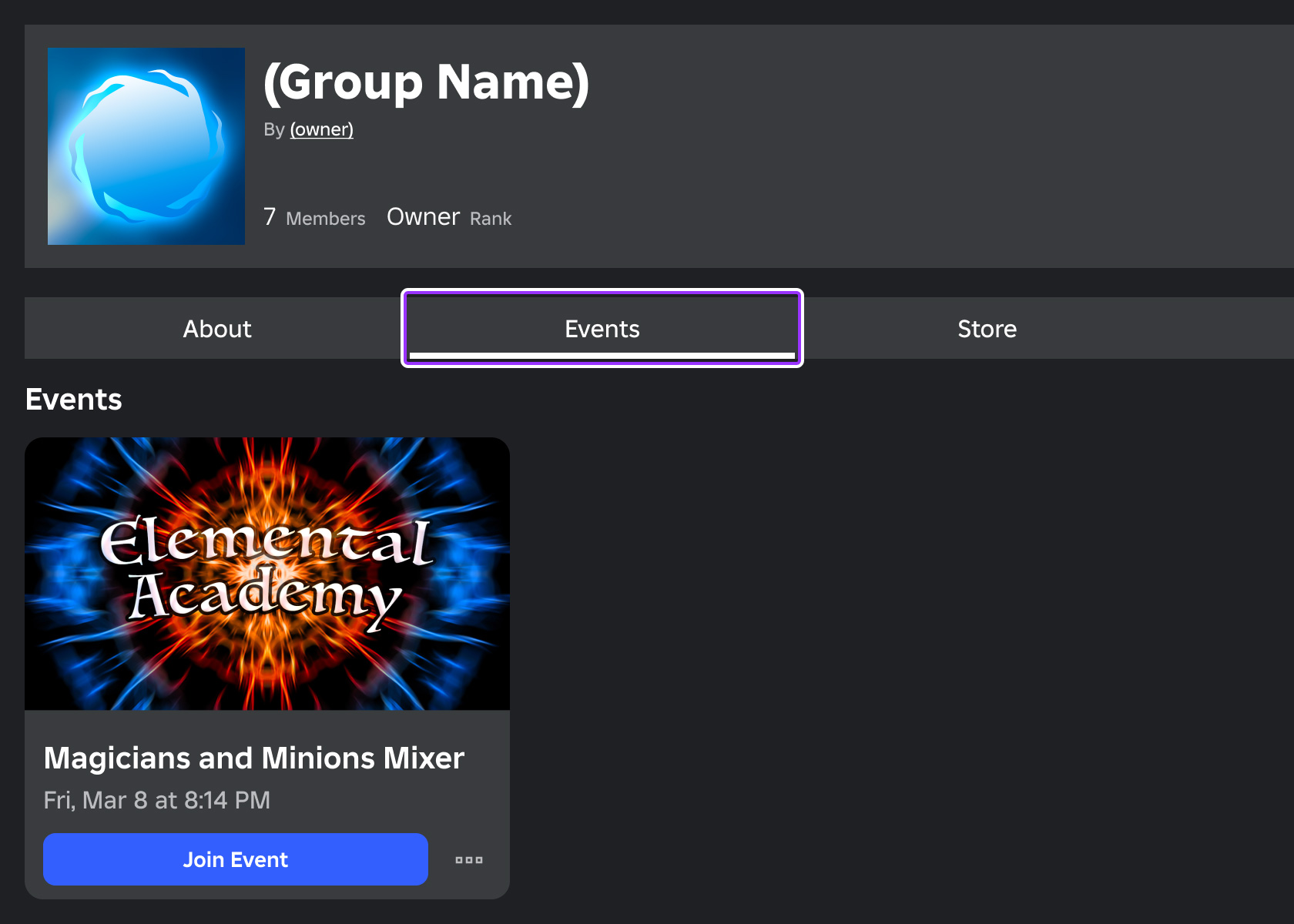 Event listed on group's page under the Events tab.