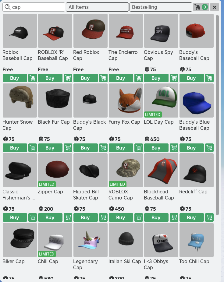 Catalog interface with the default Roblox marketplace items