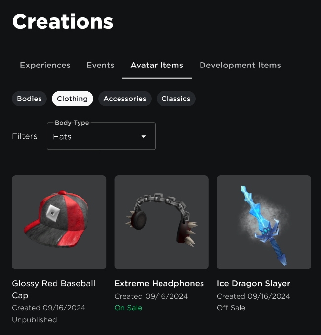 List of Hat assets on the Creator Hub with current status listed below each entry.