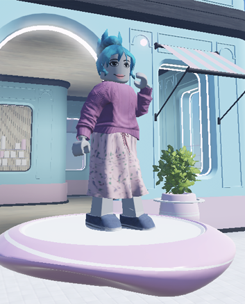 A store mannequin wearing a custom hair, sweater, skirt, and shoes