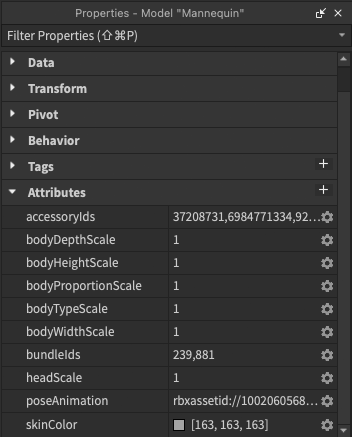 The Properties window with the Attributes tab expanded - various components of the mannequin are added as property fields