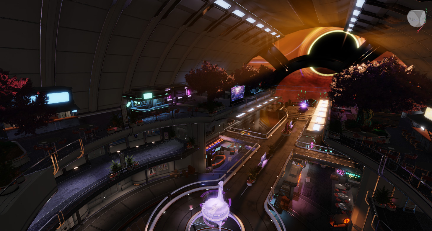 An angled side view of the inside of a spaceship enviroment with high-quality assets, lighting, and special effects.