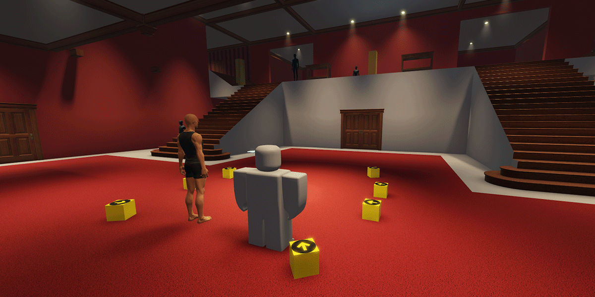 A rthro and blocky avatar stand next to each other in a simple greybox map of a large foyer.