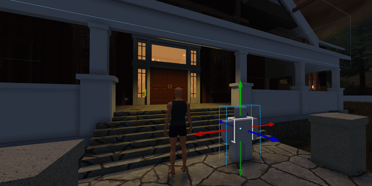 A rthro avatar stands next to a blocky avatar to demonstrate their scale in relation to a large house.