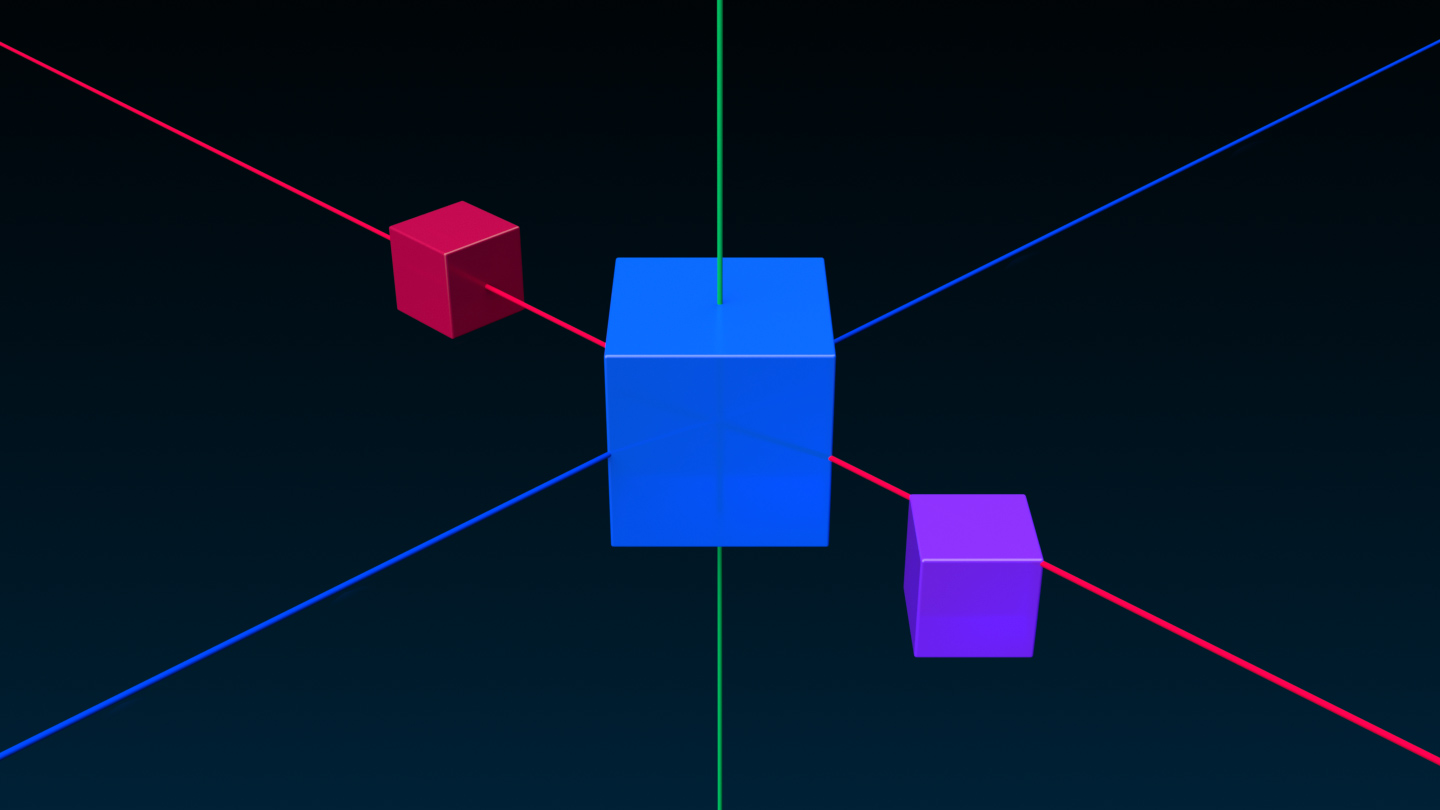 An angled side view of a small red cube, large blue cube, and a small purple cube that are unaligned.