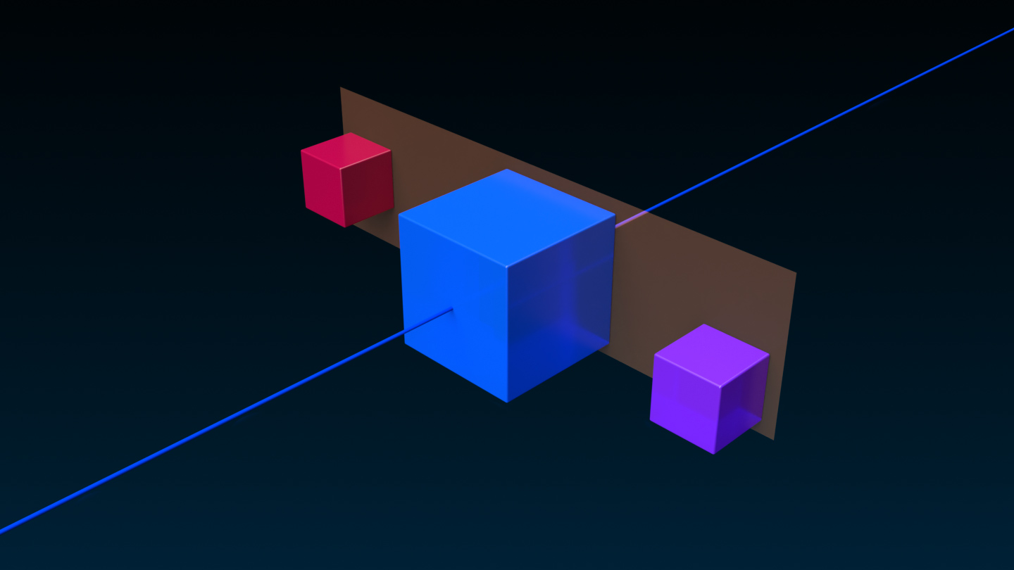 An angled side view of a small red cube, large blue cube, and a small purple cube that are aligned with the Min button on the world Z axis. A transluscent orange rectangle represents where the objects align in context to each other.