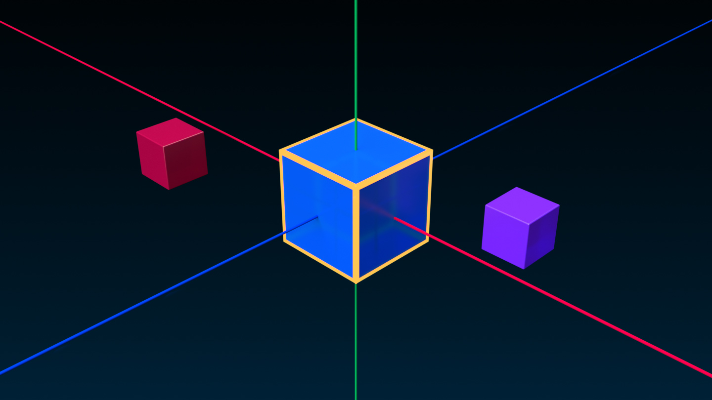 An angled side view of a small red cube, large blue cube, and a small purple cube that are unaligned. The large blue cube has a yellow outline to represent that it's the active object.