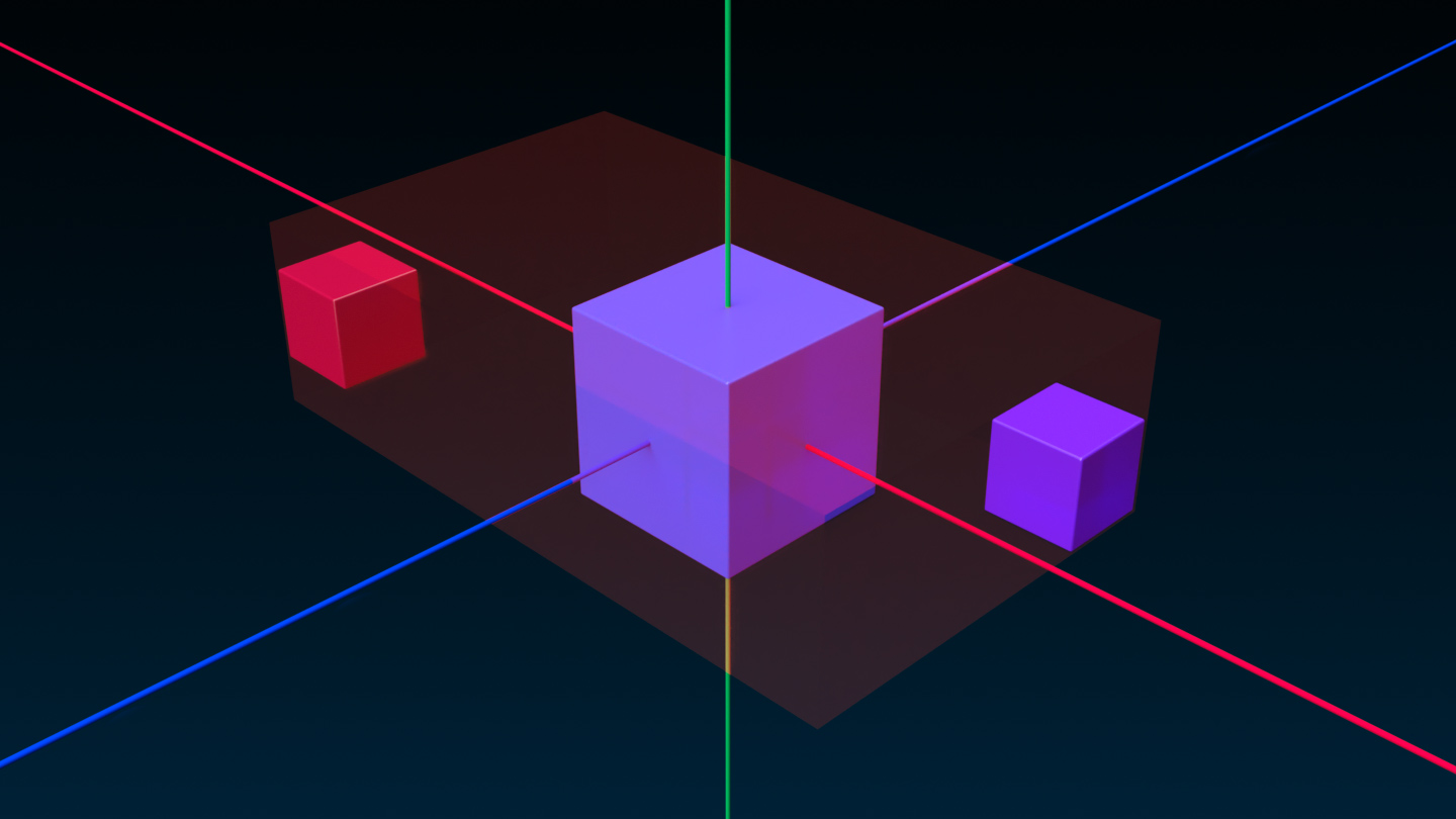 An angled side view of a small red cube, large blue cube, and a small purple cube that are unaligned. A transluscent red rectangle represents where the objects' collective bounding box.