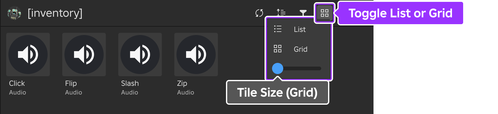 Diagram of the view type button and options in the Asset Manager.