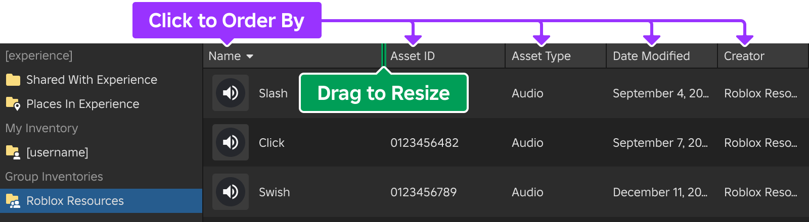 Diagram of how columns can be ordered and resized in List view within the Asset Manager.
